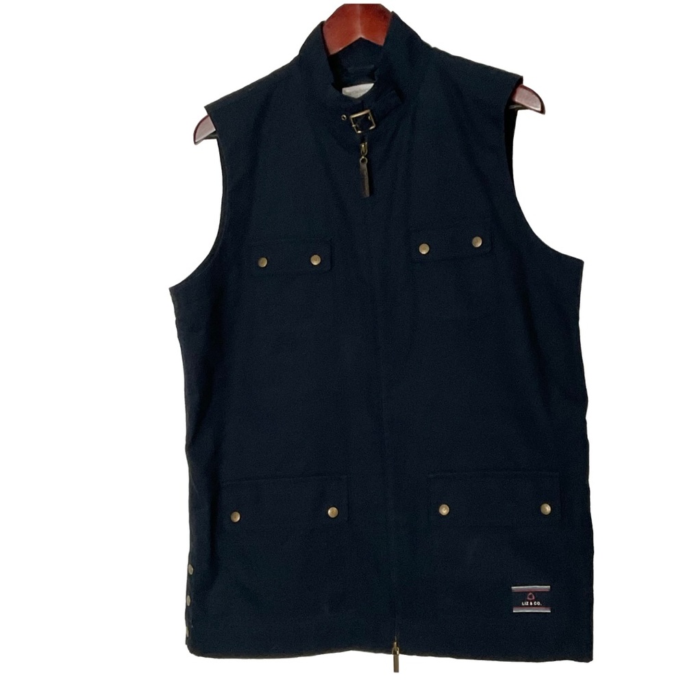 Liz & Co. Navy Blue Utility Vest, Gold Snap Closures with Full-Zip Front; Size L